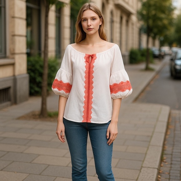 HAYDEN L.A. BOHO WHITE ORANGE EYELET PUFFED SLEEVE SUMMER BLOUSE SZ LARGE NWT - Picture 2 of 10